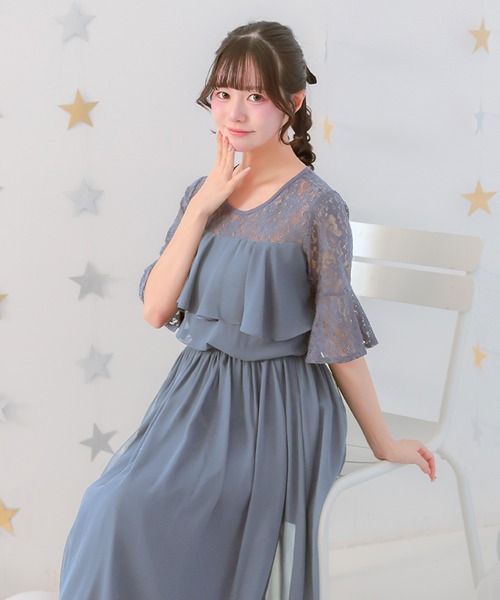 Retica（レティカ）の「パーティードレス 二次会 ラメなしレースシフォンフリルロング結婚式 大きいサイズ 30代 お呼ばれ（ドレス・レディース・チャコールグレー/ネイビー/ピンク/ブラック/パープル/ブラウン/ブルーグレー/オリーブ・SMALL/MEDIUM/LARGE/X-LARGE/XX-LARGE/XXX-LARGE/XXXX-LARGE）」の3枚目の写真