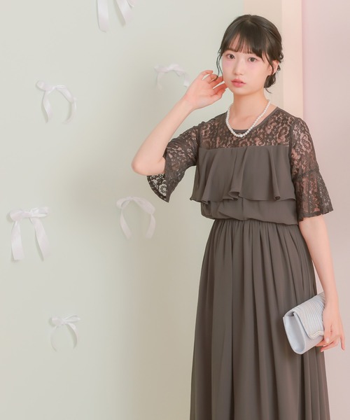 Retica（レティカ）の「パーティードレス 二次会 ラメなしレースシフォンフリルロング結婚式 大きいサイズ 30代 お呼ばれ（ドレス・レディース・チャコールグレー/ネイビー/ピンク/ブラック/パープル/ブラウン/ブルーグレー/オリーブ・SMALL/MEDIUM/LARGE/X-LARGE/XX-LARGE/XXX-LARGE/XXXX-LARGE）」の9枚目の写真