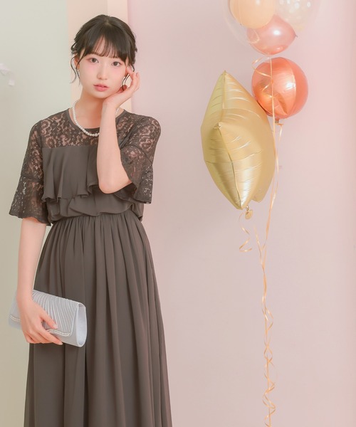 Retica（レティカ）の「パーティードレス 二次会 ラメなしレースシフォンフリルロング結婚式 大きいサイズ 30代 お呼ばれ（ドレス・レディース・チャコールグレー/ネイビー/ピンク/ブラック/パープル/ブラウン/ブルーグレー/オリーブ・SMALL/MEDIUM/LARGE/X-LARGE/XX-LARGE/XXX-LARGE/XXXX-LARGE）」の14枚目の写真