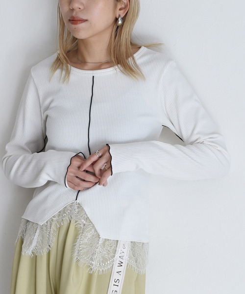 Eimee Law（エイミーロウ）の「ヘムレースセンタースリットリブトップス（Tシャツ/カットソー・レディース・ライトグレー/ブラック/オフホワイト・FREE）」の2枚目の写真