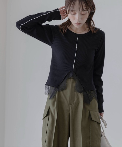 Eimee Law（エイミーロウ）の「ヘムレースセンタースリットリブトップス（Tシャツ/カットソー・レディース・ライトグレー/ブラック/オフホワイト・FREE）」の3枚目の写真