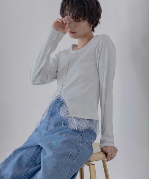 Eimee Law（エイミーロウ）の「ヘムレースセンタースリットリブトップス（Tシャツ/カットソー・レディース・ライトグレー/ブラック/オフホワイト・FREE）」の4枚目の写真