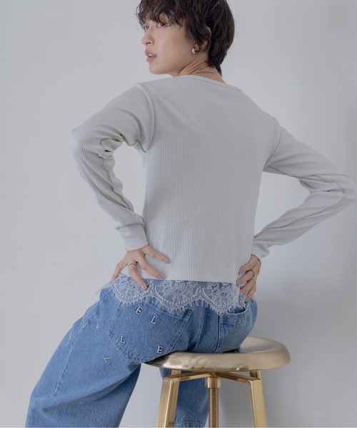 Eimee Law（エイミーロウ）の「ヘムレースセンタースリットリブトップス（Tシャツ/カットソー・レディース・ライトグレー/ブラック/オフホワイト・FREE）」の5枚目の写真