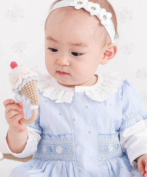 SLAP SLIP BABY（スラップスリップベビー）の「花ドットデニムラメドット柄ストライプスモッキング刺しゅうワンピース+ブルマセットアップベビー(70~80cm)（その他ベビーウェア・キッズ・ブルー系その他2/ブルー系その他・FREE）」の4枚目の写真