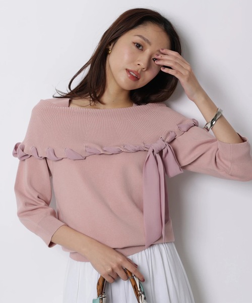 JUSGLITTY（ジャスグリッティー）の「リボントリムオフショルニット（ニット/セーター・レディース・ピンク/ネイビー/ホワイト・2）」の3枚目の写真