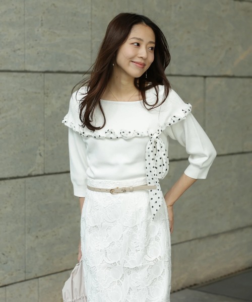 JUSGLITTY（ジャスグリッティー）の「リボントリムオフショルニット（ニット/セーター・レディース・ピンク/ネイビー/ホワイト・2）」の11枚目の写真