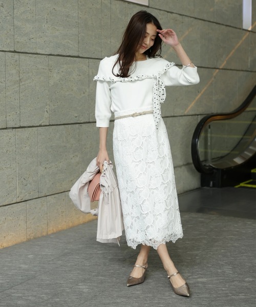 JUSGLITTY（ジャスグリッティー）の「リボントリムオフショルニット（ニット/セーター・レディース・ピンク/ネイビー/ホワイト・2）」の12枚目の写真