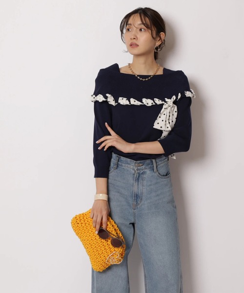 JUSGLITTY（ジャスグリッティー）の「リボントリムオフショルニット（ニット/セーター・レディース・ピンク/ネイビー/ホワイト・2）」の15枚目の写真