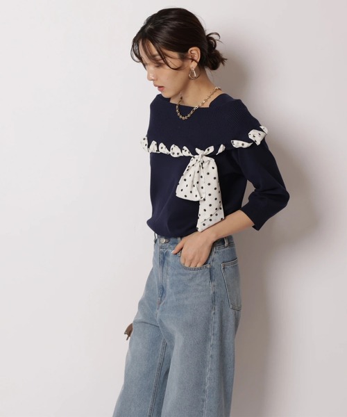 JUSGLITTY（ジャスグリッティー）の「リボントリムオフショルニット（ニット/セーター・レディース・ピンク/ネイビー/ホワイト・2）」の16枚目の写真