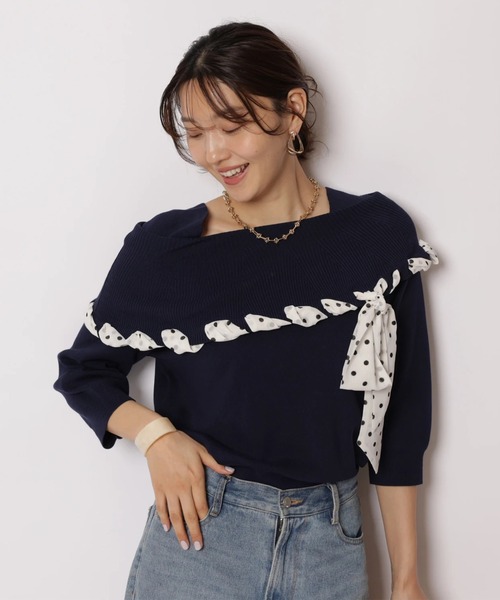 JUSGLITTY（ジャスグリッティー）の「リボントリムオフショルニット（ニット/セーター・レディース・ピンク/ネイビー/ホワイト・2）」の17枚目の写真