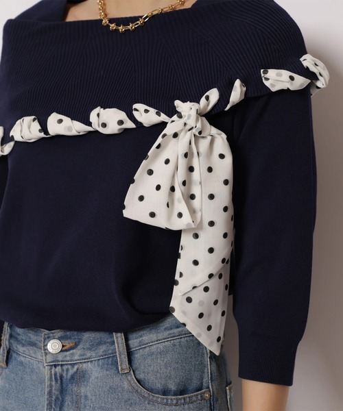 JUSGLITTY（ジャスグリッティー）の「リボントリムオフショルニット（ニット/セーター・レディース・ピンク/ネイビー/ホワイト・2）」の18枚目の写真