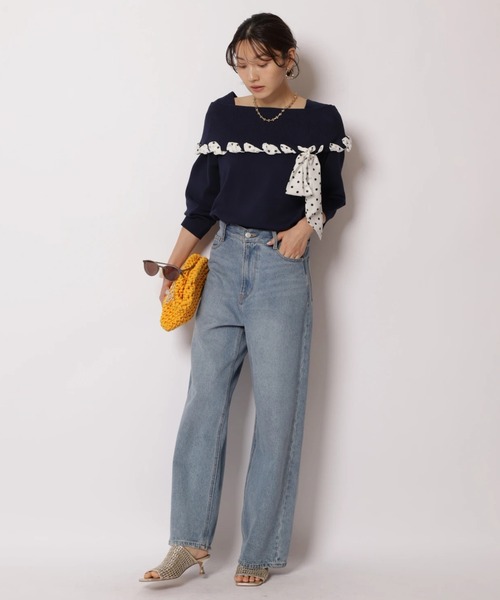 JUSGLITTY（ジャスグリッティー）の「リボントリムオフショルニット（ニット/セーター・レディース・ピンク/ネイビー/ホワイト・2）」の19枚目の写真