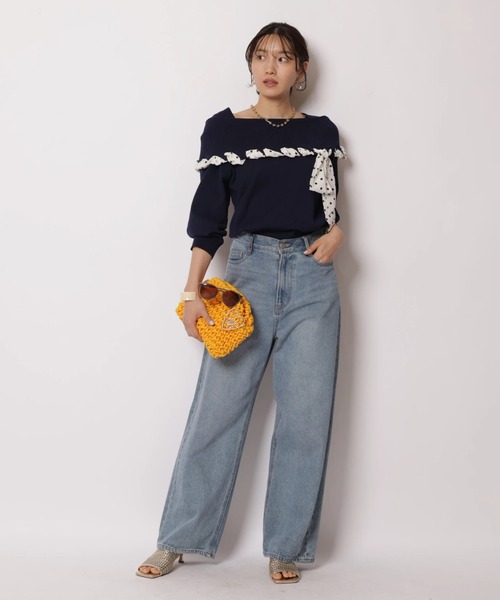 JUSGLITTY（ジャスグリッティー）の「リボントリムオフショルニット（ニット/セーター・レディース・ピンク/ネイビー/ホワイト・2）」の20枚目の写真