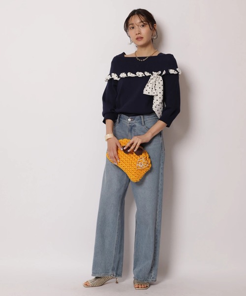 JUSGLITTY（ジャスグリッティー）の「リボントリムオフショルニット（ニット/セーター・レディース・ピンク/ネイビー/ホワイト・2）」の21枚目の写真