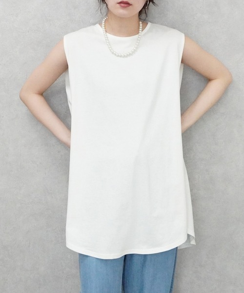 SELECT LEVERY(セレクトリベリー)の「天竺 ノースリーブ チュニック Tシャツ(Tシャツ/カットソー・レディース・ブラック/ブラウン/オフホワイト・MEDIUM)」の2枚目の写真