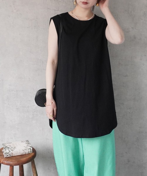 SELECT LEVERY(セレクトリベリー)の「天竺 ノースリーブ チュニック Tシャツ(Tシャツ/カットソー・レディース・ブラック/ブラウン/オフホワイト・MEDIUM)」の14枚目の写真