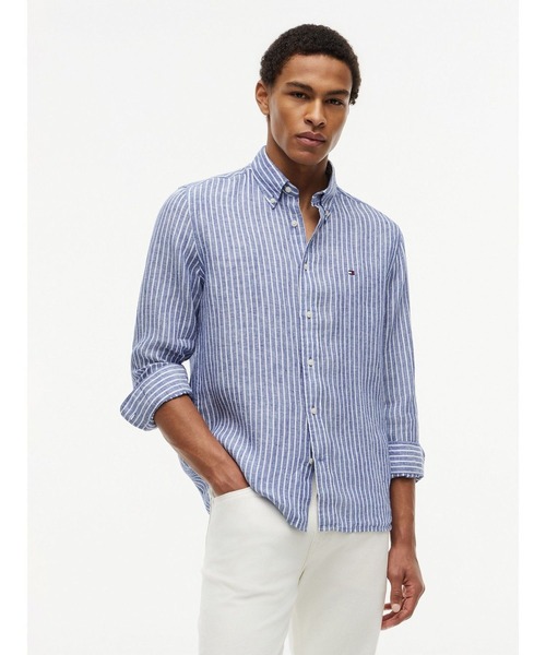 TOMMY HILFIGER(トミーヒルフィガー)の「ストライプ柄リネンボタンダウンシャツ(シャツ/ブラウス・メンズ・グレー/ブラウン/マルチ/その他1・SMALL/MEDIUM/LARGE/X-LARGE)」の1枚目の写真