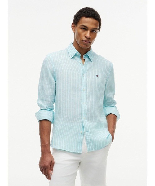 TOMMY HILFIGER(トミーヒルフィガー)の「ストライプ柄リネンボタンダウンシャツ(シャツ/ブラウス・メンズ・グレー/ブラウン/マルチ/その他1・SMALL/MEDIUM/LARGE/X-LARGE)」の3枚目の写真