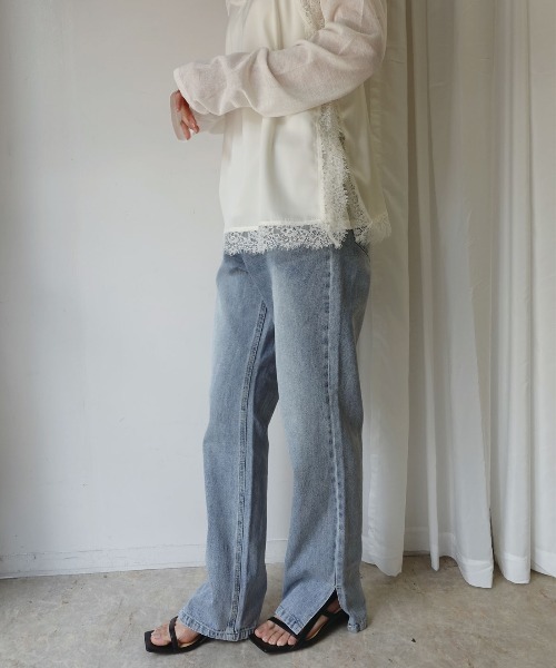 CORNERS（コーナーズ）の「デニムスリムストレートスリットパンツ（デニムパンツ・レディース・ライトブルー/ブラック/ブルー・L/M）」の12枚目の写真