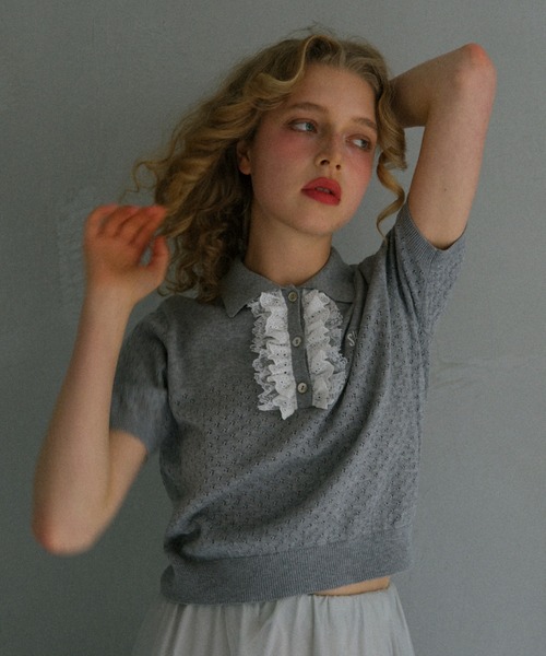 HONEY MI HONEY（ハニーミーハニー）の「lace frill knit polo（ポロシャツ・レディース・ブラック/ホワイト/ピンク/グレー・FREE）」の2枚目の写真