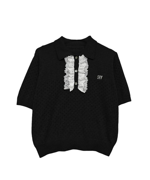 HONEY MI HONEY（ハニーミーハニー）の「lace frill knit polo（ポロシャツ・レディース・ブラック/ホワイト/ピンク/グレー・FREE）」の3枚目の写真