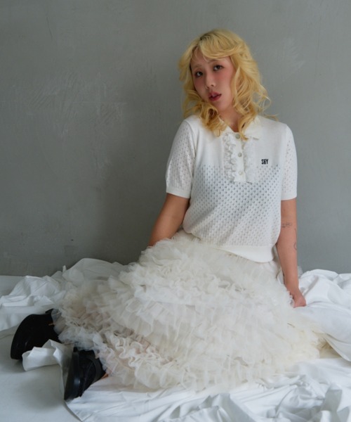 HONEY MI HONEY（ハニーミーハニー）の「lace frill knit polo（ポロシャツ・レディース・ブラック/ホワイト/ピンク/グレー・FREE）」の14枚目の写真