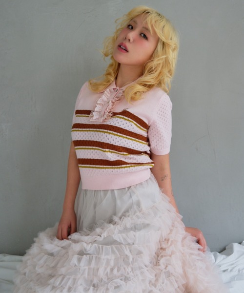 HONEY MI HONEY（ハニーミーハニー）の「lace frill knit polo（ポロシャツ・レディース・ブラック/ホワイト/ピンク/グレー・FREE）」の16枚目の写真