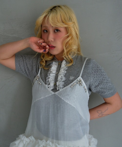 HONEY MI HONEY（ハニーミーハニー）の「lace frill knit polo（ポロシャツ・レディース・ブラック/ホワイト/ピンク/グレー・FREE）」の19枚目の写真