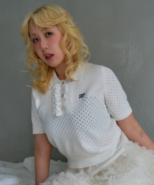 HONEY MI HONEY（ハニーミーハニー）の「lace frill knit polo（ポロシャツ・レディース・ブラック/ホワイト/ピンク/グレー・FREE）」の13枚目の写真