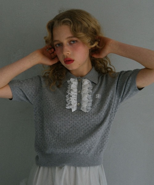 HONEY MI HONEY（ハニーミーハニー）の「lace frill knit polo（ポロシャツ・レディース・ブラック/ホワイト/ピンク/グレー・FREE）」の7枚目の写真