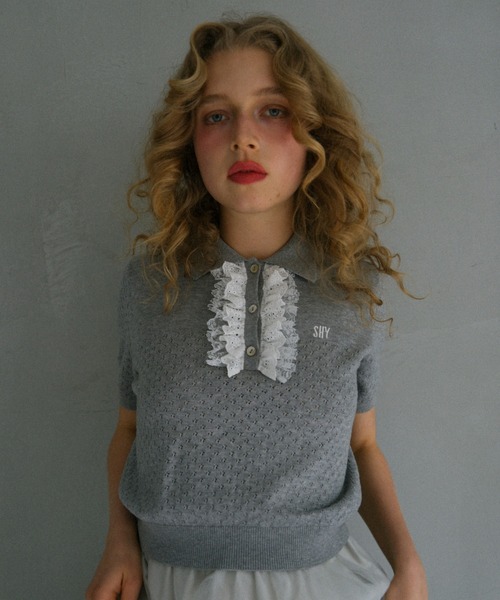 HONEY MI HONEY（ハニーミーハニー）の「lace frill knit polo（ポロシャツ・レディース・ブラック/ホワイト/ピンク/グレー・FREE）」の8枚目の写真