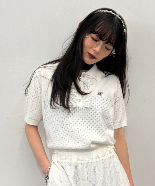 HONEY MI HONEY（ハニーミーハニー）の「lace frill knit polo（ポロシャツ・レディース・ブラック/ホワイト/ピンク/グレー・FREE）」の21枚目の写真