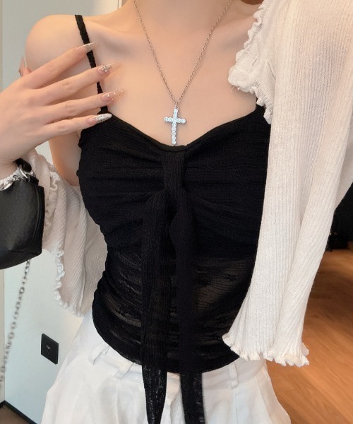 SHEPP(シープ)の「カップ付きフロントリボンシアーキャミソール(キャミソール・レディース・ホワイト/ブラック・F)」の4枚目の写真