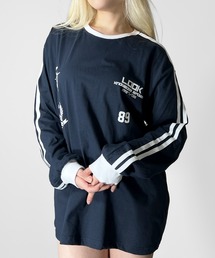 【スポーツライクデザイン】ユニフォーム風ロングTシャツ / オーバーサイズロンT スポーツmix 華奢見え ラウンドネック ゆったり レタリング カジュアル 海外ガール ストリート 長袖 3カラー ホワイト ブラック ネイビー
