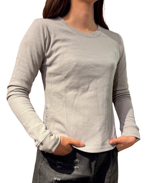 COOK JEANS(クックジーンズ)の「ワッフルクルーロンT(Tシャツ/カットソー・レディース・グレー/ブラック/ホワイト・FREE)」の3枚目の写真
