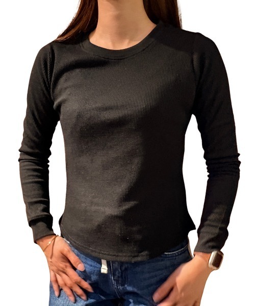 COOK JEANS(クックジーンズ)の「ワッフルクルーロンT(Tシャツ/カットソー・レディース・グレー/ブラック/ホワイト・FREE)」の2枚目の写真