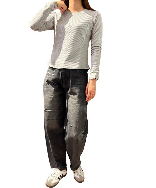 COOK JEANS(クックジーンズ)の「ワッフルクルーロンT(Tシャツ/カットソー・レディース・グレー/ブラック/ホワイト・FREE)」の9枚目の写真