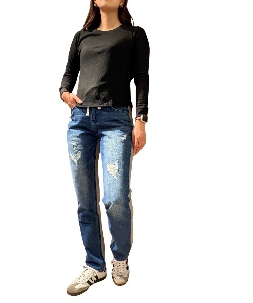 COOK JEANS(クックジーンズ)の「ワッフルクルーロンT(Tシャツ/カットソー・レディース・グレー/ブラック/ホワイト・FREE)」の4枚目の写真