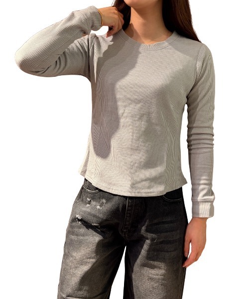 COOK JEANS(クックジーンズ)の「ワッフルクルーロンT(Tシャツ/カットソー・レディース・グレー/ブラック/ホワイト・FREE)」の5枚目の写真