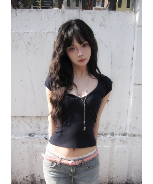 modimood（モディムード）の「[MADE] momuseo ディープVネックパフ半袖Tシャツ（Tシャツ/カットソー・レディース・パープル/ネイビー/チャコール/ブラック/ホワイト・FREE）」の12枚目の写真