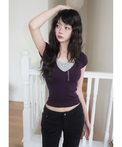modimood（モディムード）の「[MADE] momuseo ディープVネックパフ半袖Tシャツ（Tシャツ/カットソー・レディース・パープル/ネイビー/チャコール/ブラック/ホワイト・FREE）」の21枚目の写真