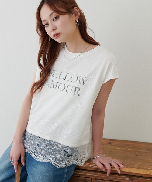 DISCOAT(ディスコート)の「レースレイヤードロゴTシャツ(Tシャツ/カットソー・レディース・オフホワイト/ブラック・FREE)」の2枚目の写真