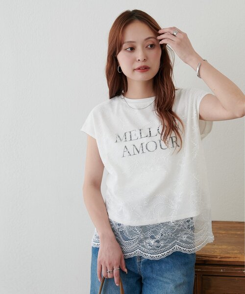 DISCOAT(ディスコート)の「レースレイヤードロゴTシャツ(Tシャツ/カットソー・レディース・オフホワイト/ブラック・FREE)」の5枚目の写真