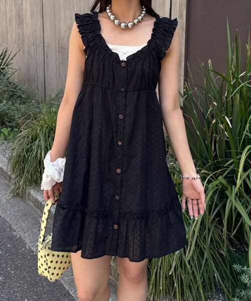 CIAOPANIC(チャオパニック)の「ウッドボタンドビーシャーリングキャミチュニックワンピース(チュニック・レディース・ブラック/ホワイト/イエロー・ONE SIZE)」の15枚目の写真