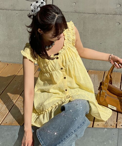CIAOPANIC(チャオパニック)の「ウッドボタンドビーシャーリングキャミチュニックワンピース(チュニック・レディース・ブラック/ホワイト/イエロー・ONE SIZE)」の22枚目の写真