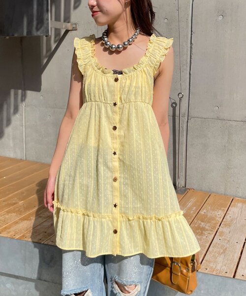 CIAOPANIC(チャオパニック)の「ウッドボタンドビーシャーリングキャミチュニックワンピース(チュニック・レディース・ブラック/ホワイト/イエロー・ONE SIZE)」の19枚目の写真