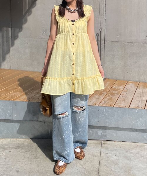 CIAOPANIC(チャオパニック)の「ウッドボタンドビーシャーリングキャミチュニックワンピース(チュニック・レディース・ブラック/ホワイト/イエロー・ONE SIZE)」の22枚目の写真