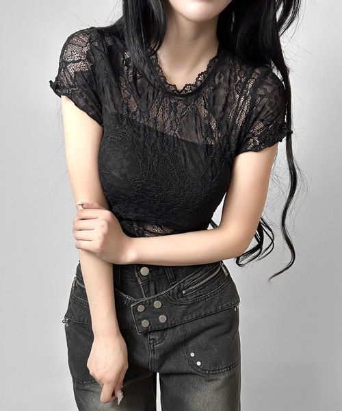 FOLLOWIN(フォロウィン)の「シアーレースコンパクトトップス(Tシャツ/カットソー・レディース・ホワイト/ブラック・FREE)」の14枚目の写真