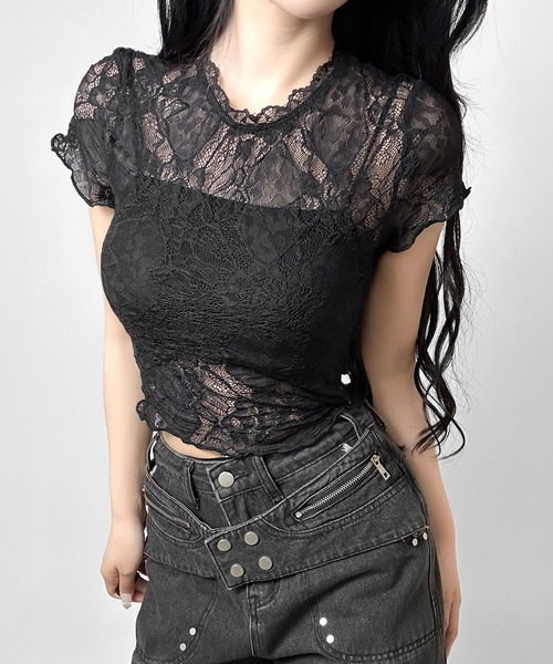 FOLLOWIN(フォロウィン)の「シアーレースコンパクトトップス(Tシャツ/カットソー・レディース・ホワイト/ブラック・FREE)」の16枚目の写真