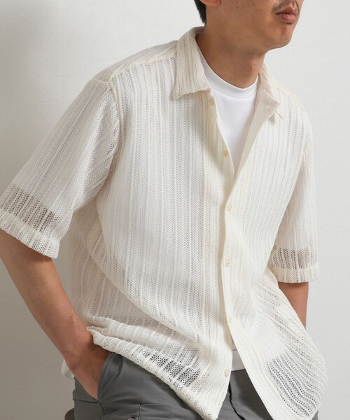NOLLEY’S(ノーリーズ)の「レースワンナップカラー 半袖ニットシャツ 26SS(シャツ/ブラウス・メンズ・ホワイト系その他/アイボリー・L/M)」の1枚目の写真